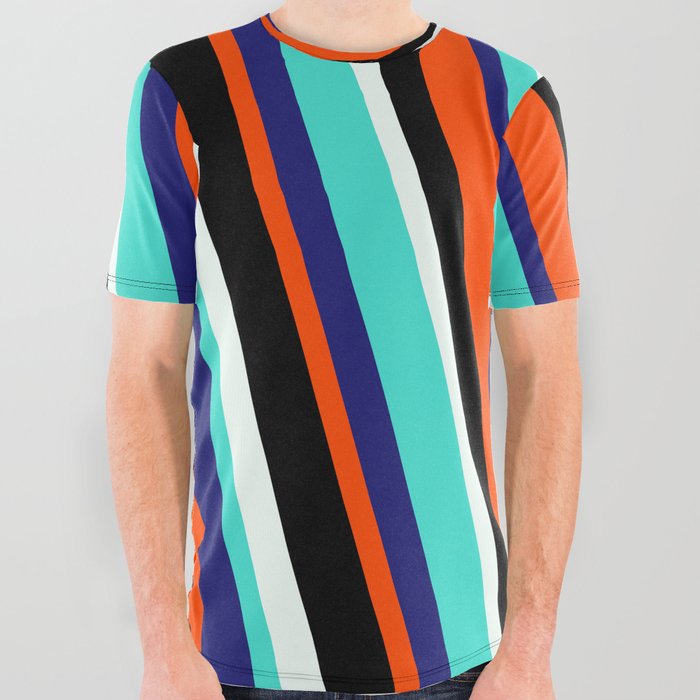 Vibrant Mint Cream, Turquoise, Midnight Blue, Red & Black Colored Lines/Stripes Pattern All Over Graphic Tee