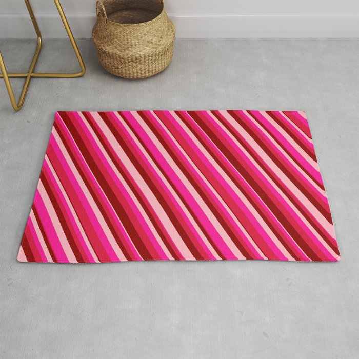 Deep Pink, Crimson, Dark Red, and Light Pink Colored Lines/Stripes Pattern Rug