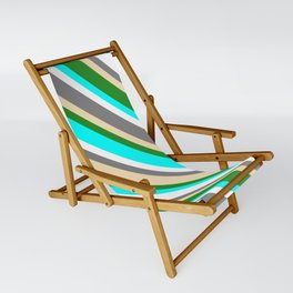 [ Thumbnail: Colorful Grey, Tan, Forest Green, Aqua & White Colored Pattern of Stripes Sling Chair ]