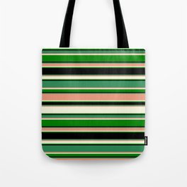 [ Thumbnail: Eye-catching Sea Green, Dark Salmon, Beige, Green, and Black Colored Lined Pattern Tote Bag ]