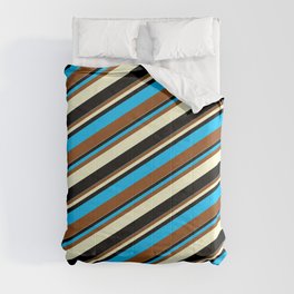 [ Thumbnail: Deep Sky Blue, Brown, Light Yellow & Black Colored Lines Pattern Comforter ]