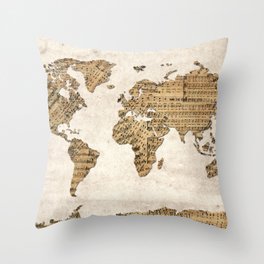 world map music vintage Throw Pillow