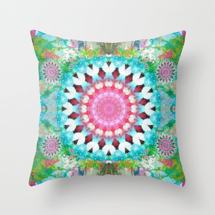 Joy Dance - Colorful Pink and Green Mandala Art Throw Pillow