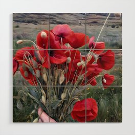 Surreal red poppy bouquet in woman hand remembrance flowers Wood Wall Art