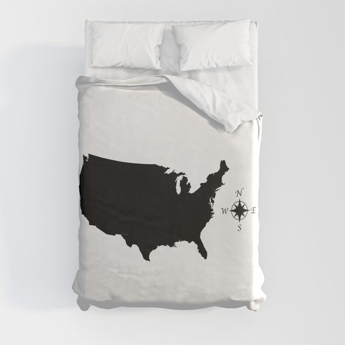 USA Outline Silhouette Map With Compass Duvet Cover