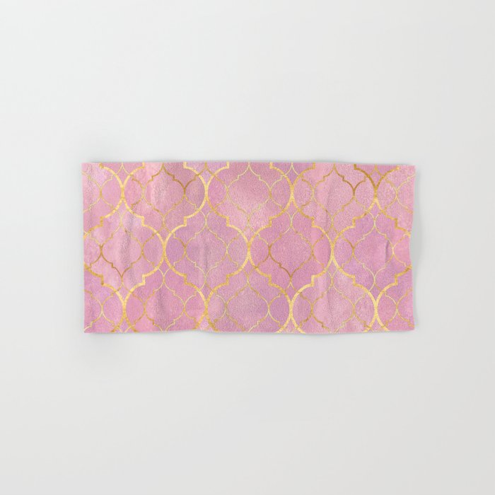 Golden Blush Pink Moroccan Quatrefoil Pattern Hand & Bath Towel