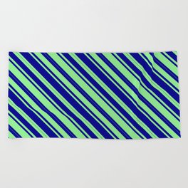 [ Thumbnail: Light Green & Dark Blue Colored Lined Pattern Beach Towel ]