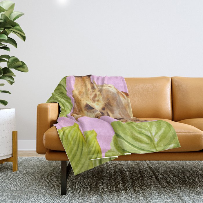 Giraffe with green leaves on a pink background #decor #society6 #buyart Throw Blanket
