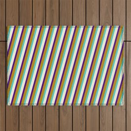 [ Thumbnail: Turquoise, Beige, Indigo, and Dark Goldenrod Colored Stripes Pattern Outdoor Rug ]