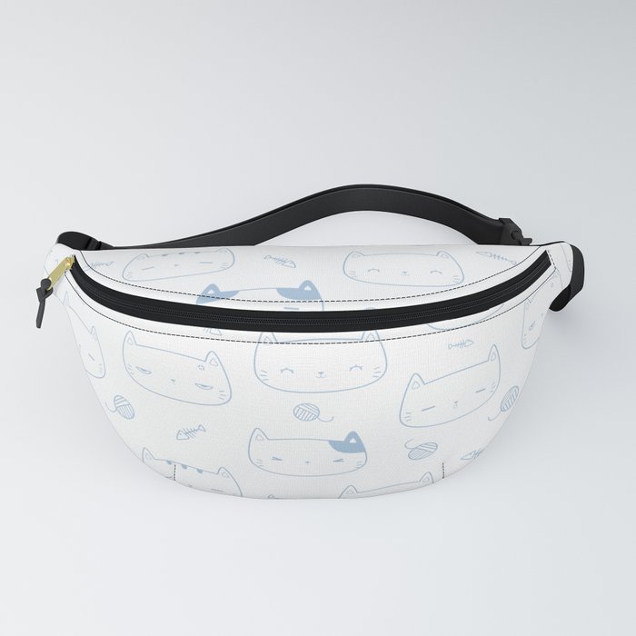 Pale Blue Doodle Kitten Faces Pattern Fanny Pack