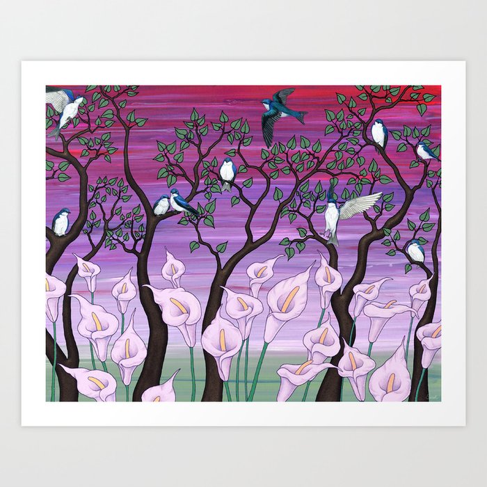calla lilies & tree swallows Art Print