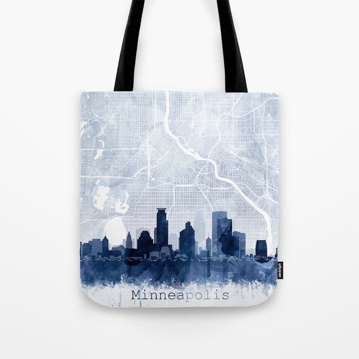 Minneapolis Skyline & Map Watercolor Navy Blue, Print by Zouzounio Art Tote Bag