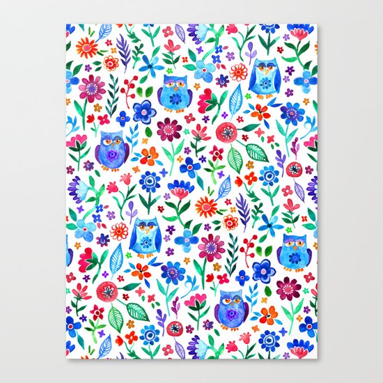 Little Owls and Flowers on White Canvas Print