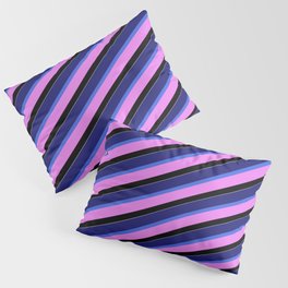 [ Thumbnail: Vibrant Midnight Blue, Royal Blue, Violet, Black, and White Colored Pattern of Stripes Pillow Sham ]