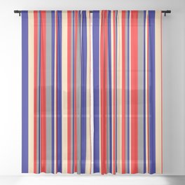 [ Thumbnail: Tan, Blue, Gray & Red Colored Lines/Stripes Pattern Sheer Curtain ]