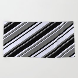 [ Thumbnail: Dim Gray, Black & Lavender Colored Stripes Pattern Beach Towel ]