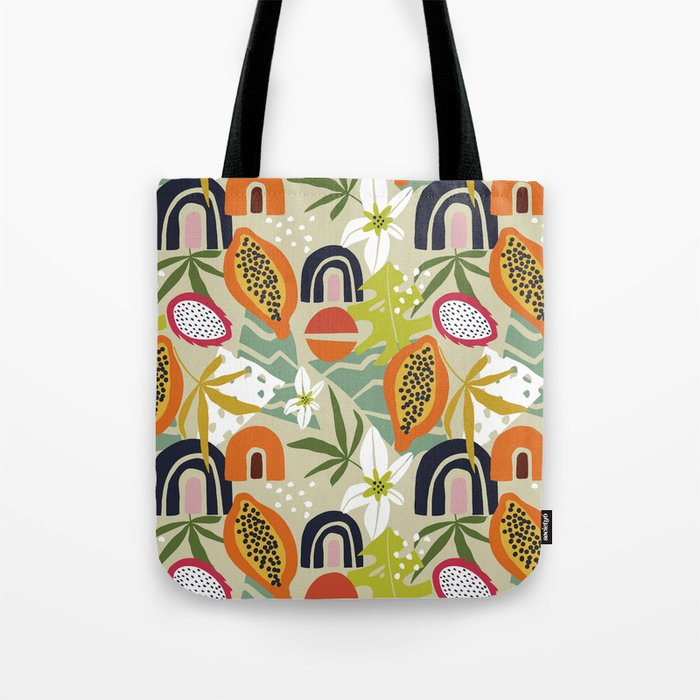bright abstract background with tropical fruits and rainbow Tote Bag