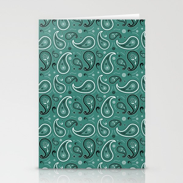 Black and White Paisley Pattern on Green Blue Background Stationery Cards