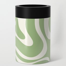 Modern Liquid Swirl Abstract Pattern in Light Sage Green and Cream Can Cooler