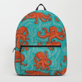 Fun orange octopus on turquoise background. Backpack | Algae, Seacreature, Orange, Octopus, Ocean, Kidsdesign, Character, Seamlesspattern, Digital, Summerstyle 