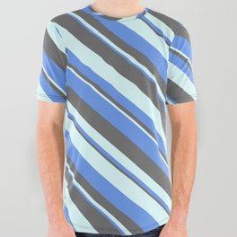 [ Thumbnail: Cornflower Blue, Dim Gray, and Light Cyan Colored Striped Pattern All Over Graphic Tee ]