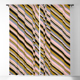 [ Thumbnail: Vibrant Light Slate Gray, Pink, Tan, Black, and Dark Goldenrod Colored Lined Pattern Blackout Curtain ]