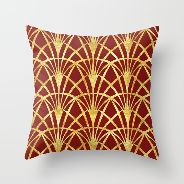 Gold Arcades Art Deco Lace on true red large Throw Pillow