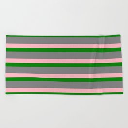 [ Thumbnail: Gray, Light Pink & Green Colored Lines/Stripes Pattern Beach Towel ]