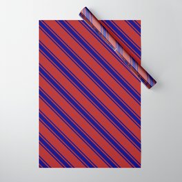 [ Thumbnail: Red and Blue Colored Lined/Striped Pattern Wrapping Paper ]