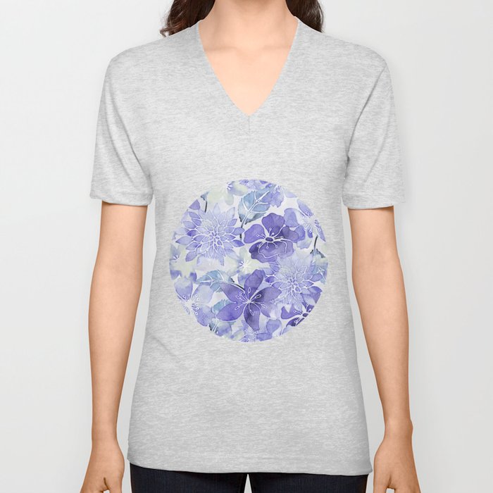 Purple Flower watercolor allover pattern V Neck T Shirt
