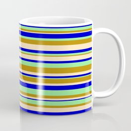 [ Thumbnail: Light Green, Dark Goldenrod, Beige, and Blue Colored Stripes/Lines Pattern Coffee Mug ]