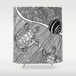 Struggle Of The Turtle To The Sea Black and White Shower Curtain