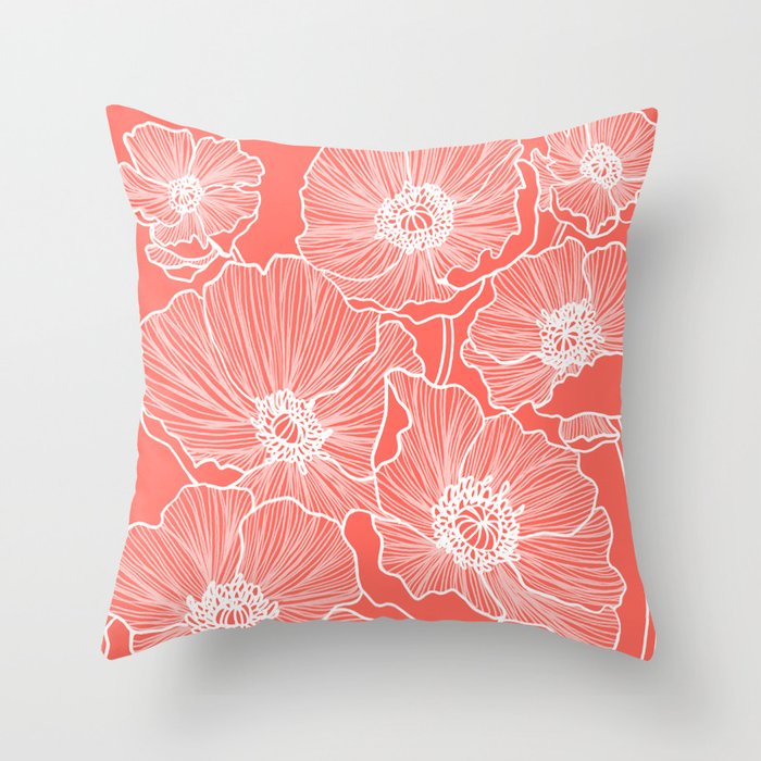 Coral Poppies Throw Pillow