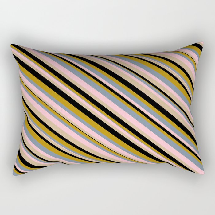 Vibrant Light Slate Gray, Pink, Tan, Black, and Dark Goldenrod Colored Lined Pattern Rectangular Pillow