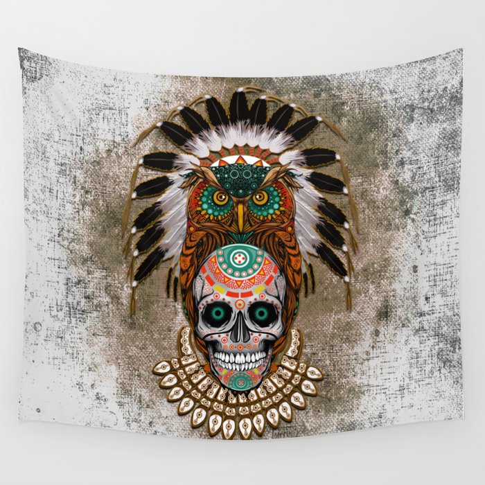 Indian Native Owl Sugar Skull Wall Tapestry By Digitalizedteam