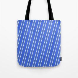 [ Thumbnail: Royal Blue, Cornflower Blue & Pale Goldenrod Colored Lined Pattern Tote Bag ]