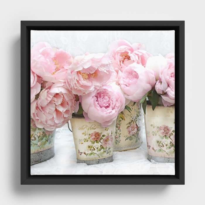 Paris Shabby Chic Pink Pastel Peonies In French Fleur Buckets Cottage Chic Wall Art Prints Home Decor Framed Canvas