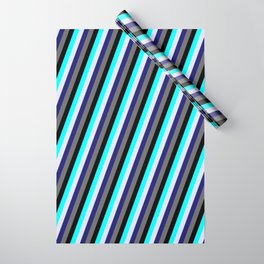 [ Thumbnail: Eyecatching Aqua, Lavender, Midnight Blue, Dim Grey, and Black Colored Striped Pattern Wrapping Paper ]
