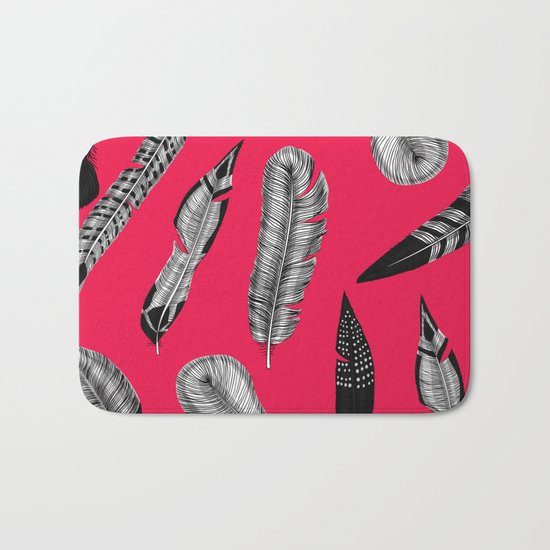 Seamless pattern with various hand drawn feathers on red background. Bath Mat