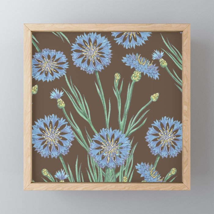 Gorgeous Blue Cornflowers On Dusty Dark Brown Watercolor  Framed Mini Art Print