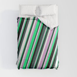 [ Thumbnail: Plum, Green, Black, Dark Slate Gray & White Colored Striped/Lined Pattern Comforter ]