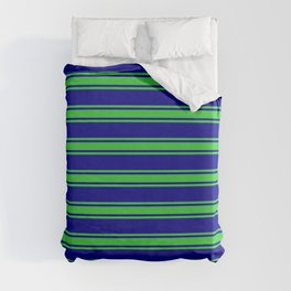 [ Thumbnail: Dark Blue and Lime Green Colored Stripes/Lines Pattern Duvet Cover ]