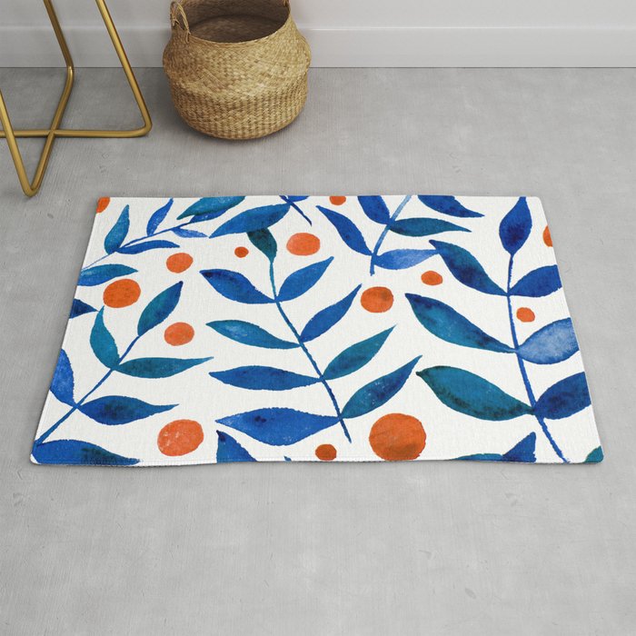 Watercolor berries and branches - blue and orange Rug