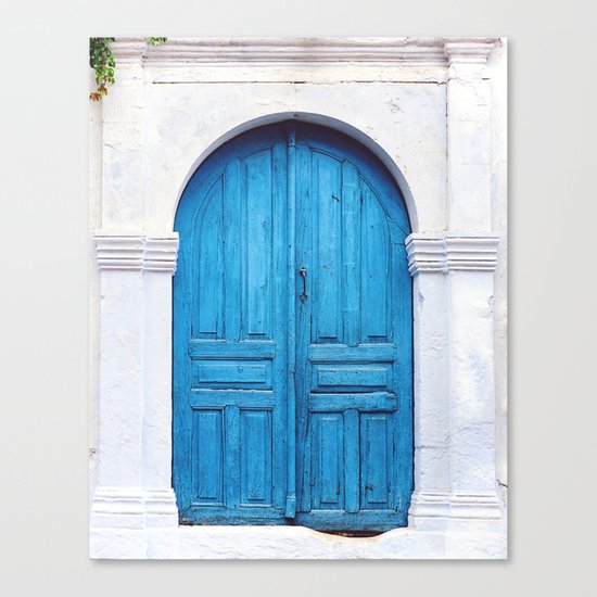 Vibrant Blue Greek Door to Whitewashed Home in Crete, Greece Canvas Print