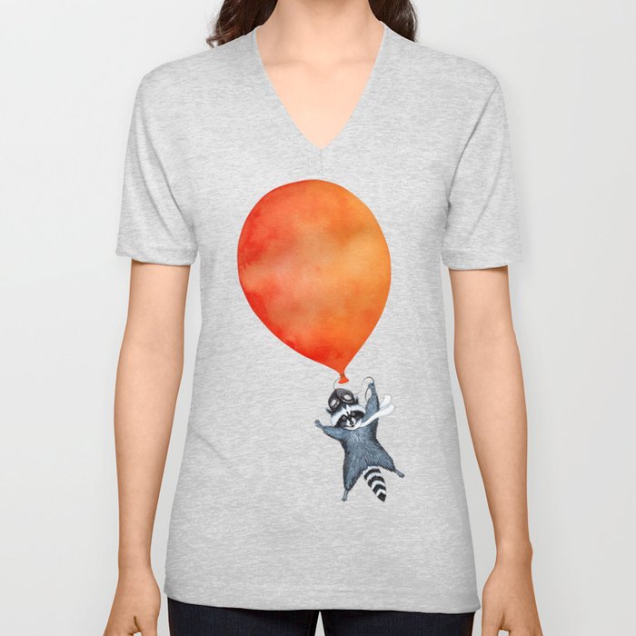 Raccoon and Balloon V Neck T Shirt