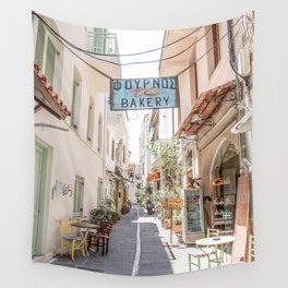 Street In Greece Photo | Pastel Village Houses Summer Art Print | Europe Digital Travel Photography Wall Tapestry