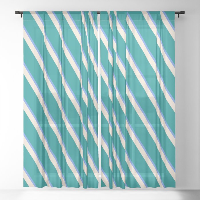 Cornflower Blue, Beige, and Dark Cyan Colored Lines Pattern Sheer Curtain