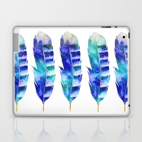 Blue Turquoise Watercolor Feather Art Laptop & iPad Skin