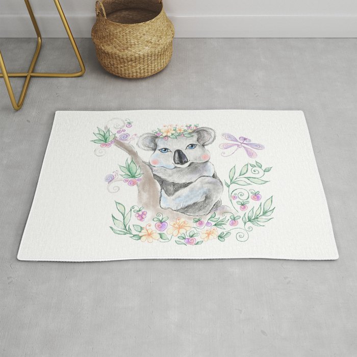 Baby koala with blue eyes and flowers Rug