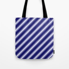 [ Thumbnail: Midnight Blue and Lavender Colored Striped Pattern Tote Bag ]